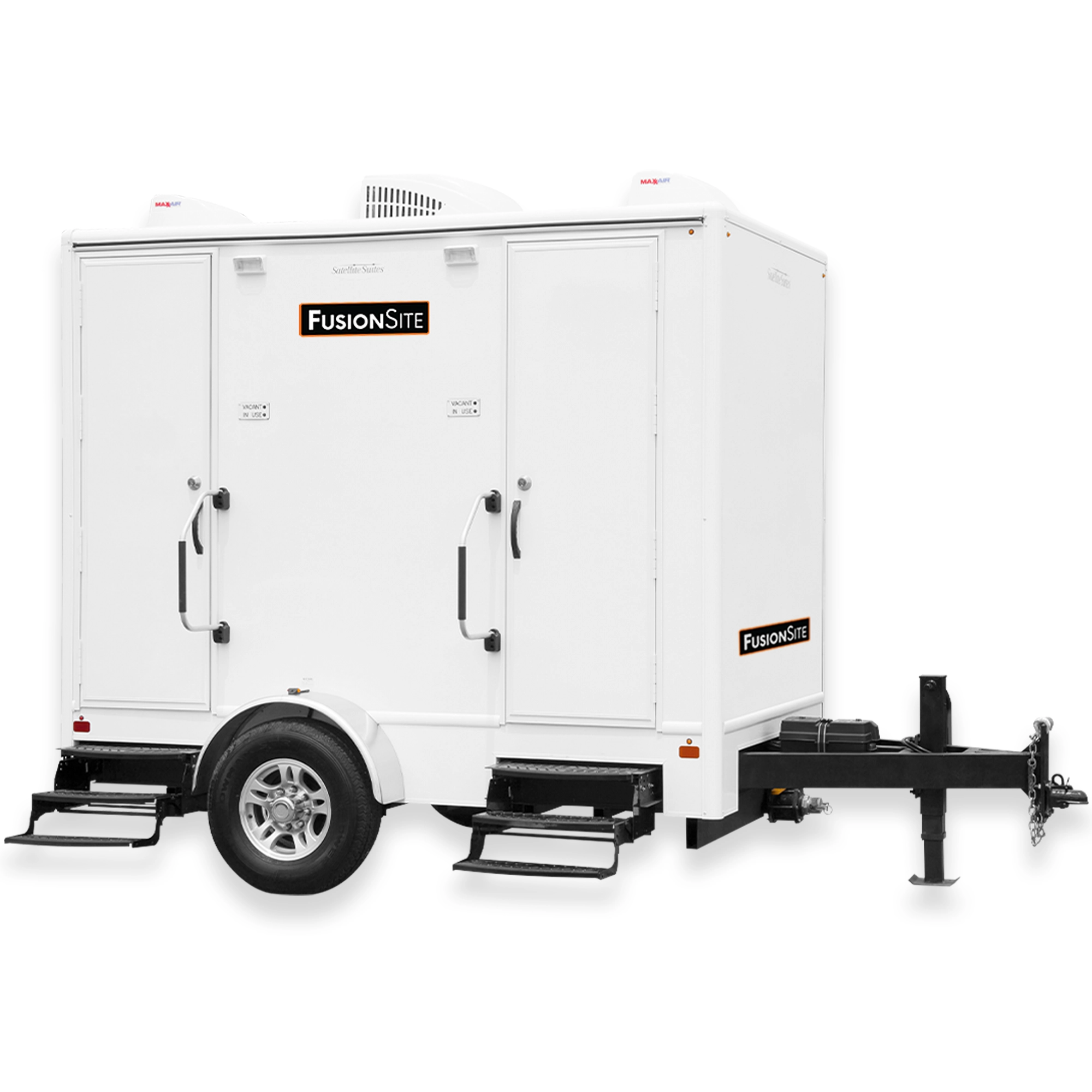 A white FusionSite two-stall restroom trailer with dual entry doors, air conditioning units, and metal steps for event or jobsite use.