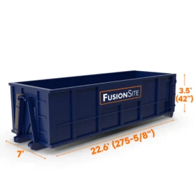 A navy blue FusionSite 20-yard roll-off dumpster measuring 22.6 feet long, 7 feet wide, and 3.5 feet tall.