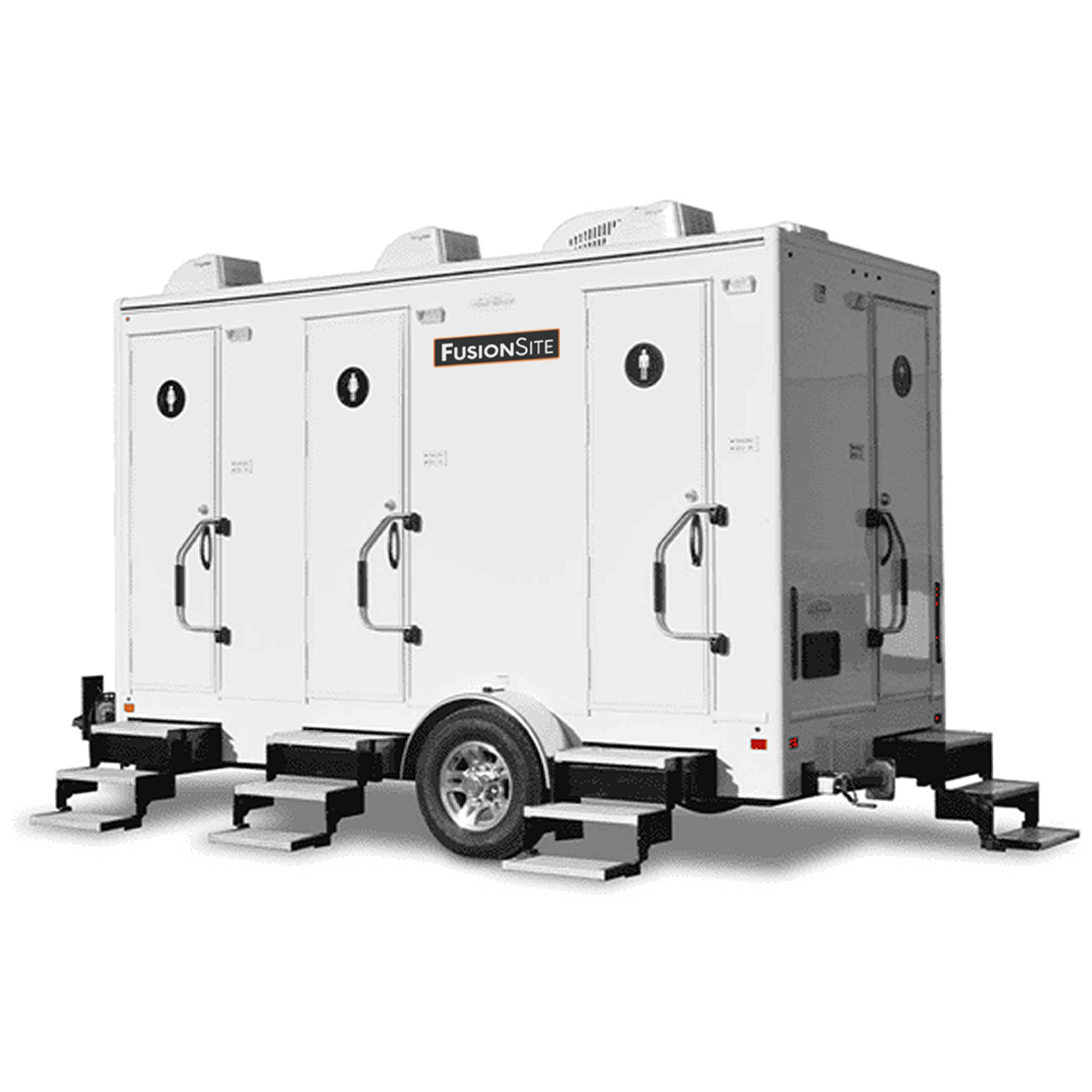A white FusionSite four-stall restroom trailer with three doors and metal steps, designed for medium-sized events and worksites.
