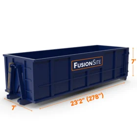 A navy blue FusionSite 40-yard roll-off dumpster measuring 23.2 feet long, 7 feet wide, and 7 feet tall.