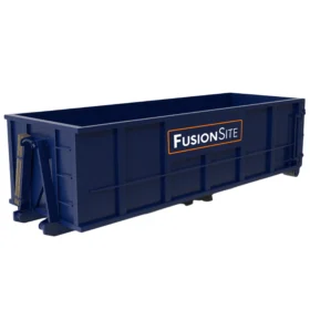 A large blue roll-off dumpster with a FusionSite logo on the side is designed for construction debris and waste removal services.