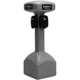 A gray portable hand sanitizer stand with dual dispensers and FusionSite branding on the top, designed for outdoor or event sanitation use.