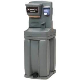 A gray portable handwashing station with dual foot pedals, paper towel holder, soap dispenser, and FusionSite logo, designed for outdoor event sanitation.