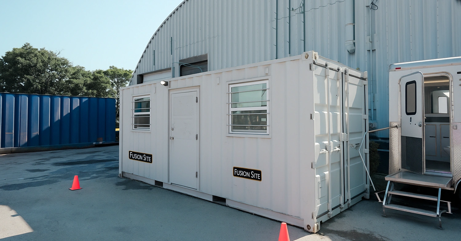 A white portable restroom unit with a "Fusion Site" sign is positioned beside a blue shipping container on a paved area outside a large metal building under a clear blue sky.