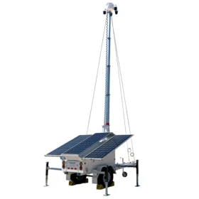 A solar-powered surveillance trailer equipped with extendable camera mast and stabilizing legs, designed for remote monitoring and site security.