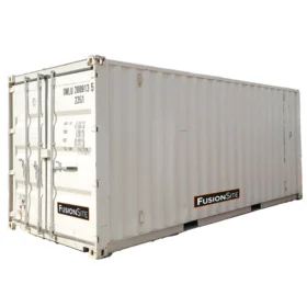 A white portable storage container with FusionSite logos on the doors and side, used for secure on-site equipment and material storage.