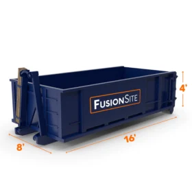 A navy blue FusionSite 12-yard roll-off dumpster featuring dimensions of 16 feet long, 8 feet wide, and 4 feet tall.