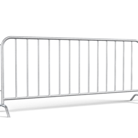 A silver crowd control barrier made of steel tubing with interlocking ends and detachable legs for event or construction use.