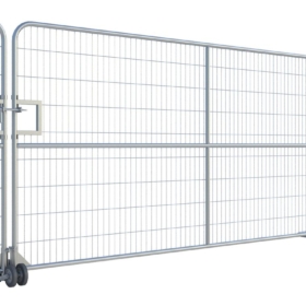 A large metal mesh drive-through gate with locking panels and small wheels, designed for temporary fencing access points.