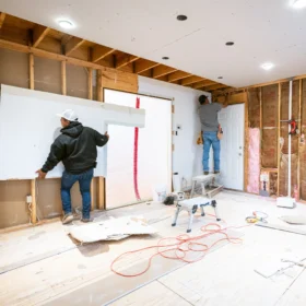Two construction workers are installing drywall in a partially finished room with exposed framing and insulation, while tools and debris are scattered across the plywood floor.