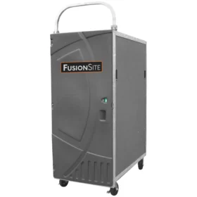 A gray high-rise portable restroom with a FusionSite logo, compact rectangular frame, metal handles, and wheels for easy transport on elevated construction floors.
