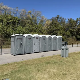 A row of gray portable restrooms is positioned along a paved path beside a grassy area, with trees and a clear blue sky in the background.