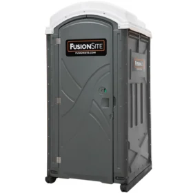 A gray portable restroom with a white roof and a FusionSite logo on the door, featuring a molded plastic design and ventilation grates along the top.