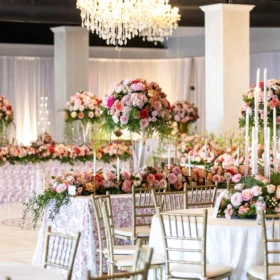 A spacious indoor event venue is elegantly decorated with large floral centerpieces and gold chairs, featuring tables draped in lace and surrounded by soft lighting from a chandelier above.