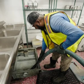 A worker in a yellow safety vest and gloves is using a hose to clean an indoor grease trap in a commercial kitchen, surrounded by stainless steel sinks and storage shelves.