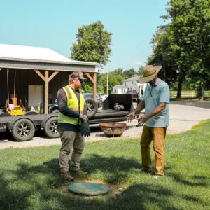 Two workers stand on a grassy area near a green access cover, discussing equipment, with a trailer and various outdoor items visible under a covered structure in the background on a sunny day.